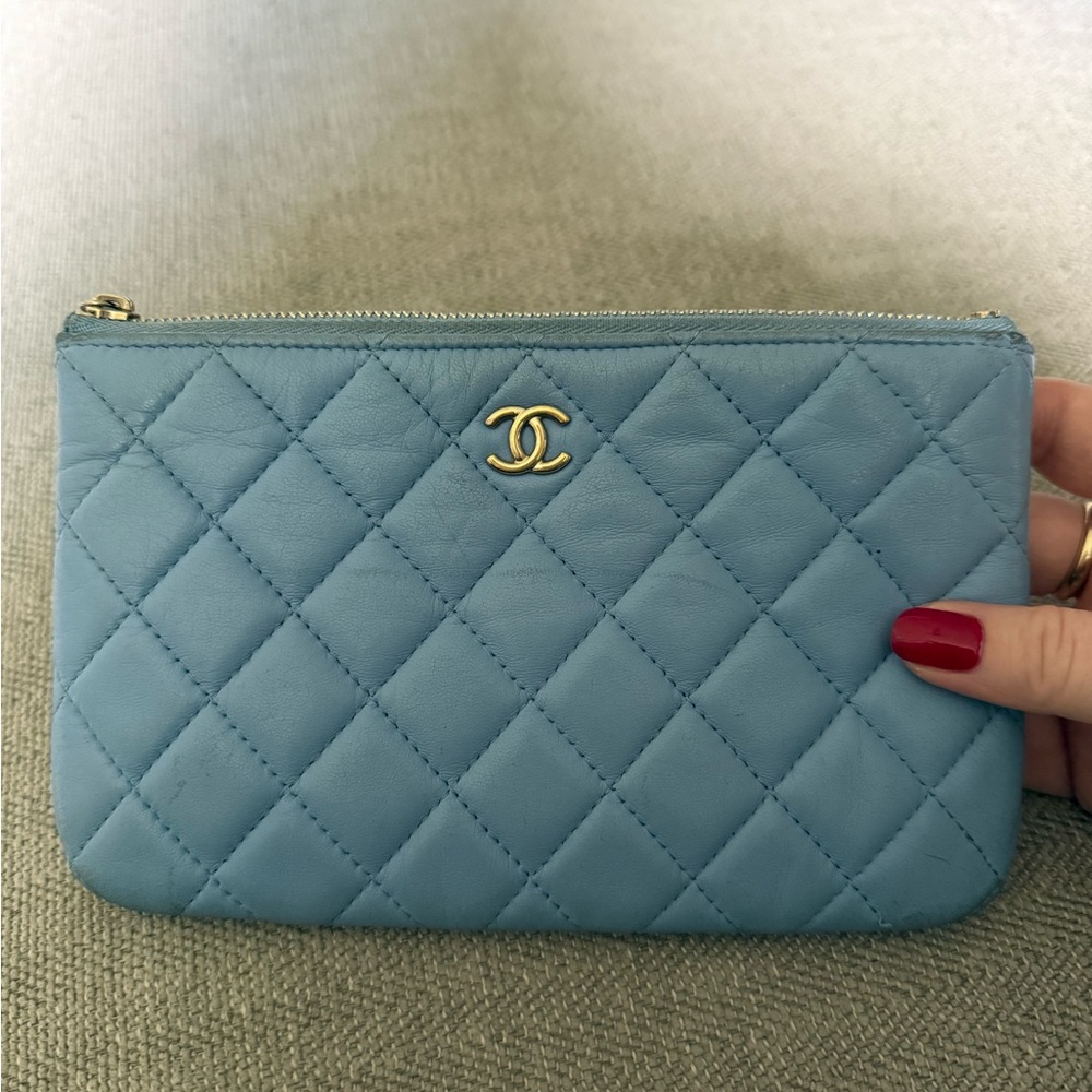 Chanel Blue Quilted O pouch clutch